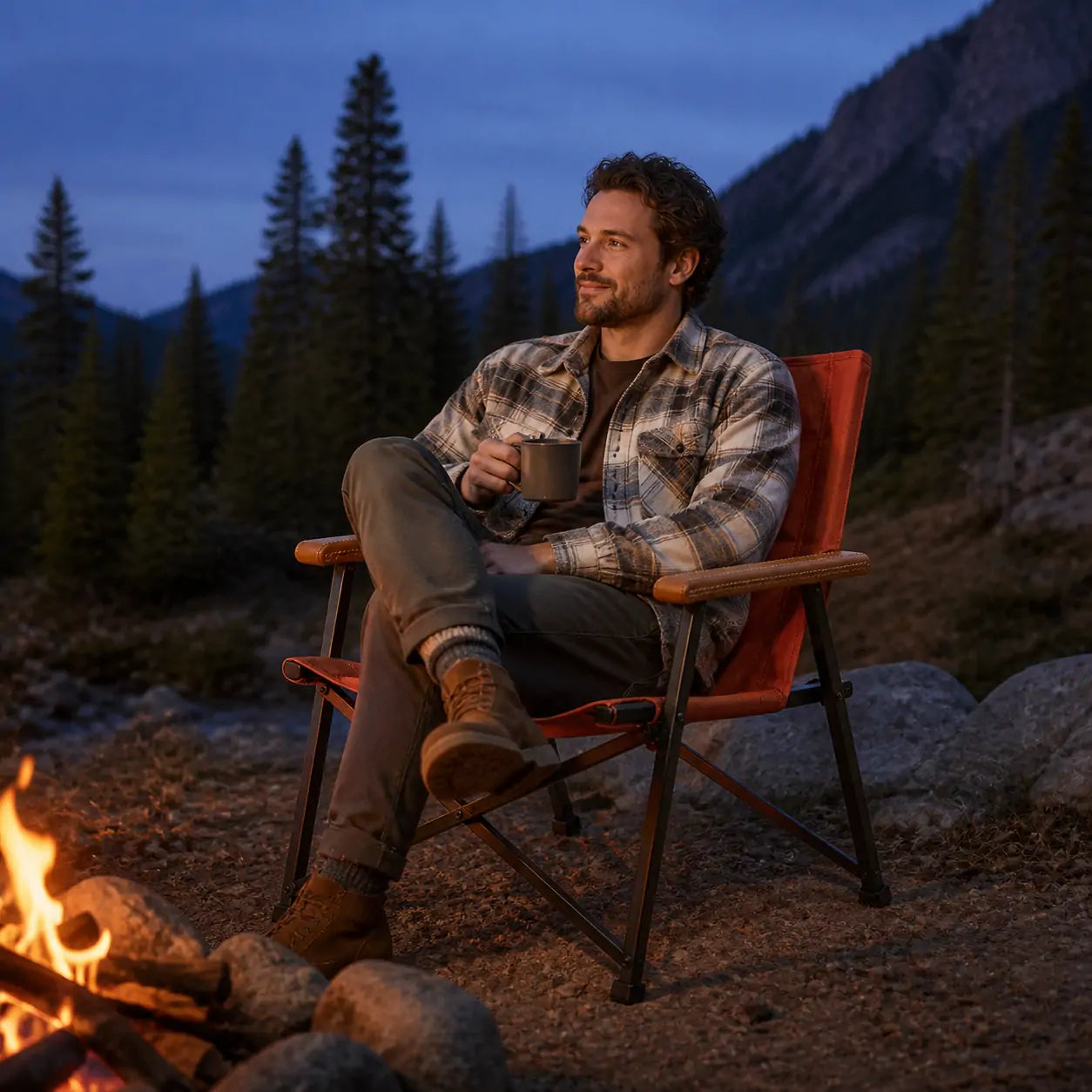 Camp chair beside a mountain fire