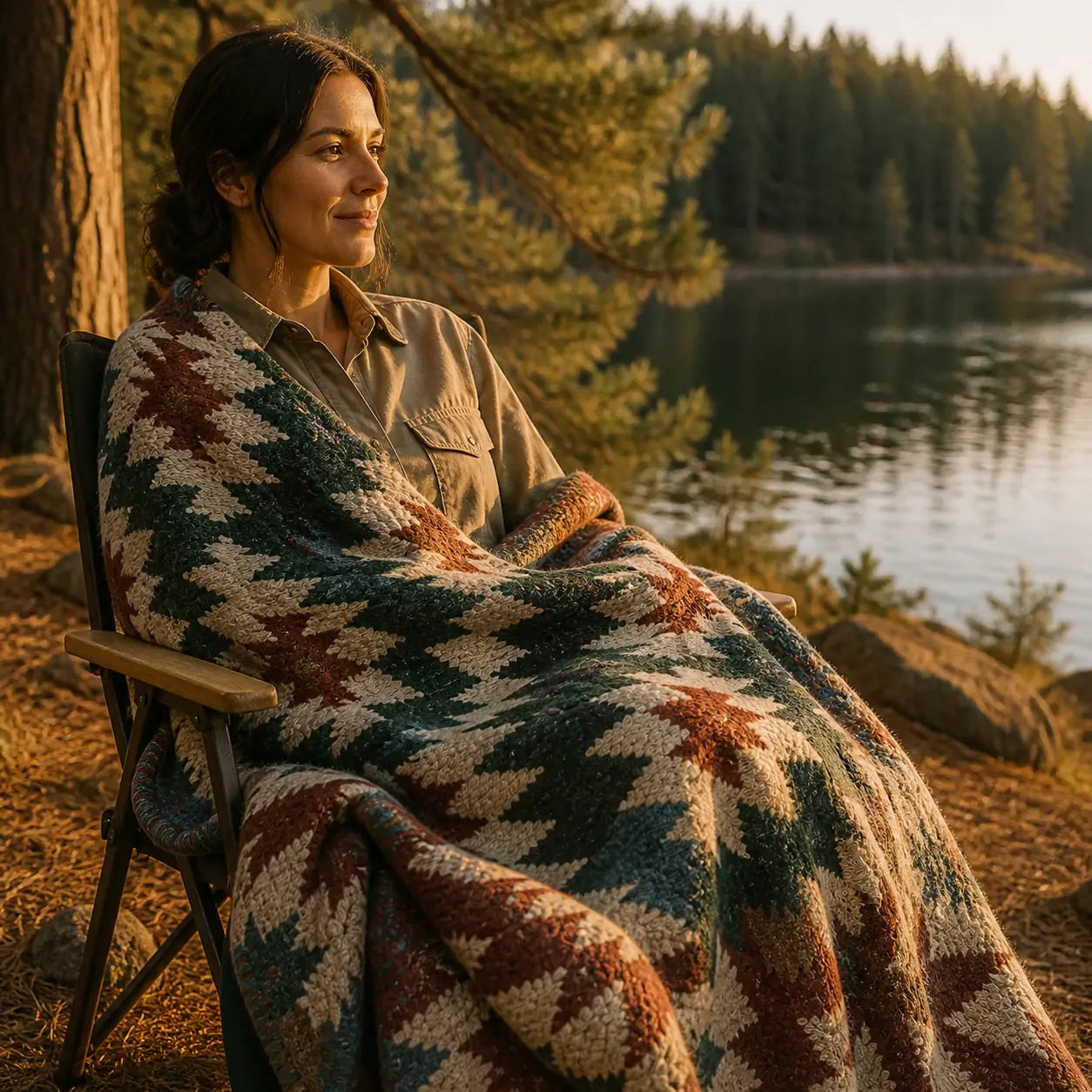 Nuviory camp blanket by a mountain lake
